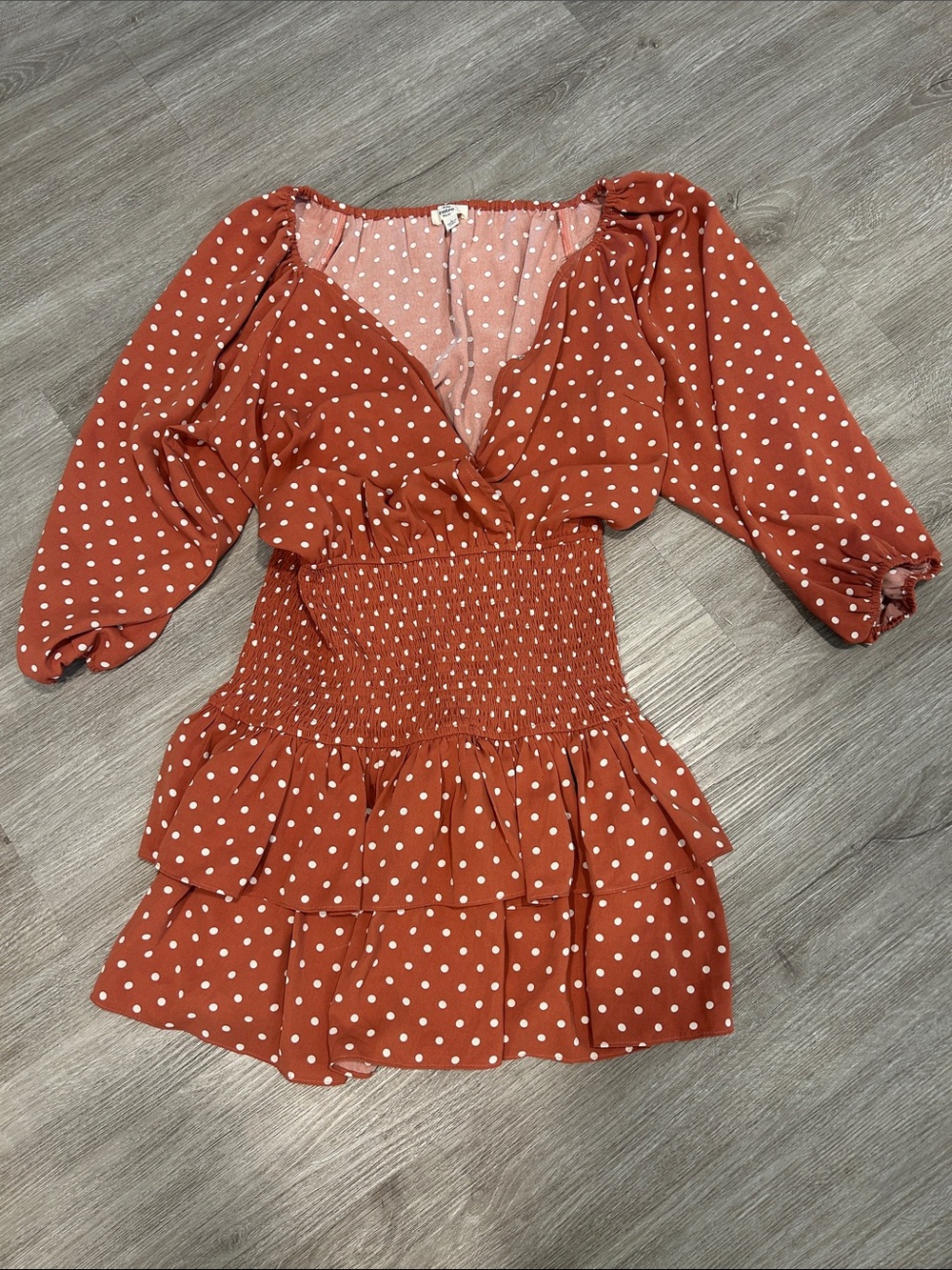 Entro Polka Dot Ruffle Smocked Mini Dress - Rust